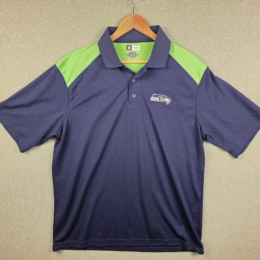 NFL Team Apparel Seattle Seahawks Polo Shirt Mens XL Navy Blue Action Green Mesh